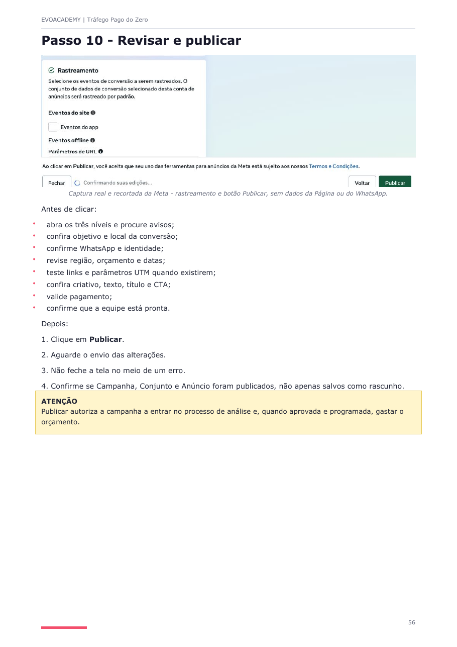 Página interna com checklist de revisão e publicação